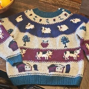 Hand-Knit Farm Animal Sweater in Teal, Purple, Cream Woolrich Medium